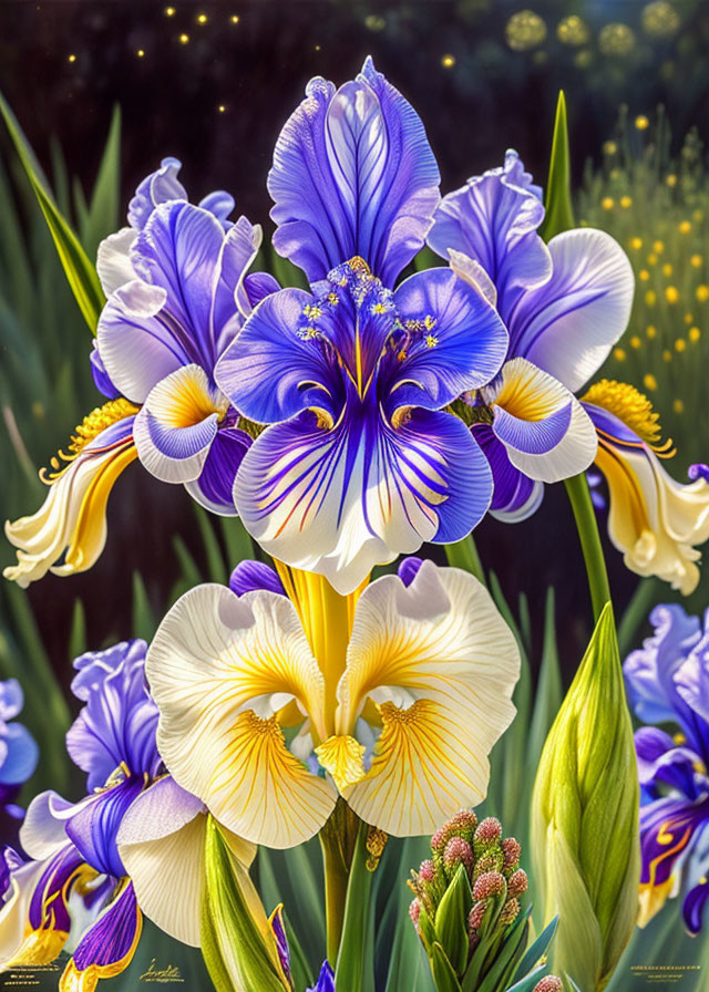 Colorful purple and white irises with yellow accents on dark leaf backdrop