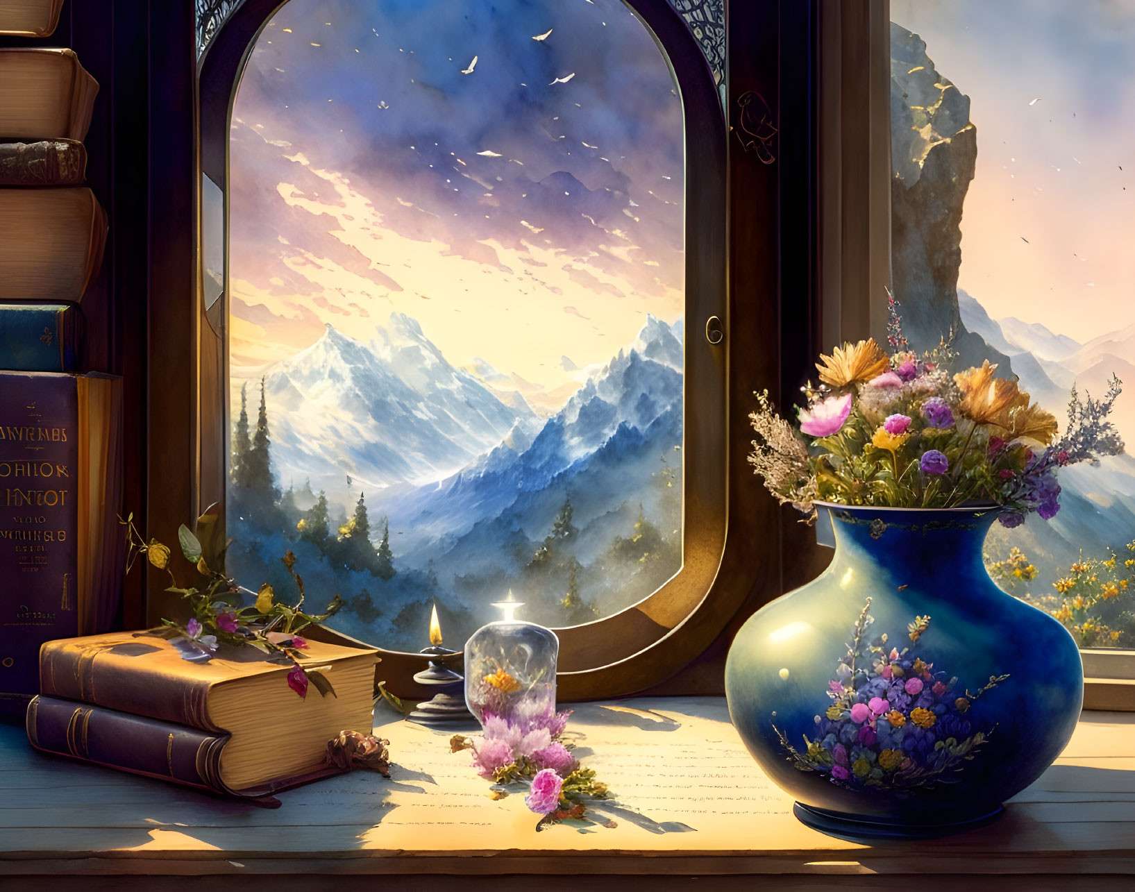 Mountain view through open window with flowers, books, and candle on table