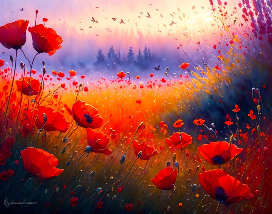 Colorful Poppy Field Painting at Sunrise with Birds and Hazy Treeline