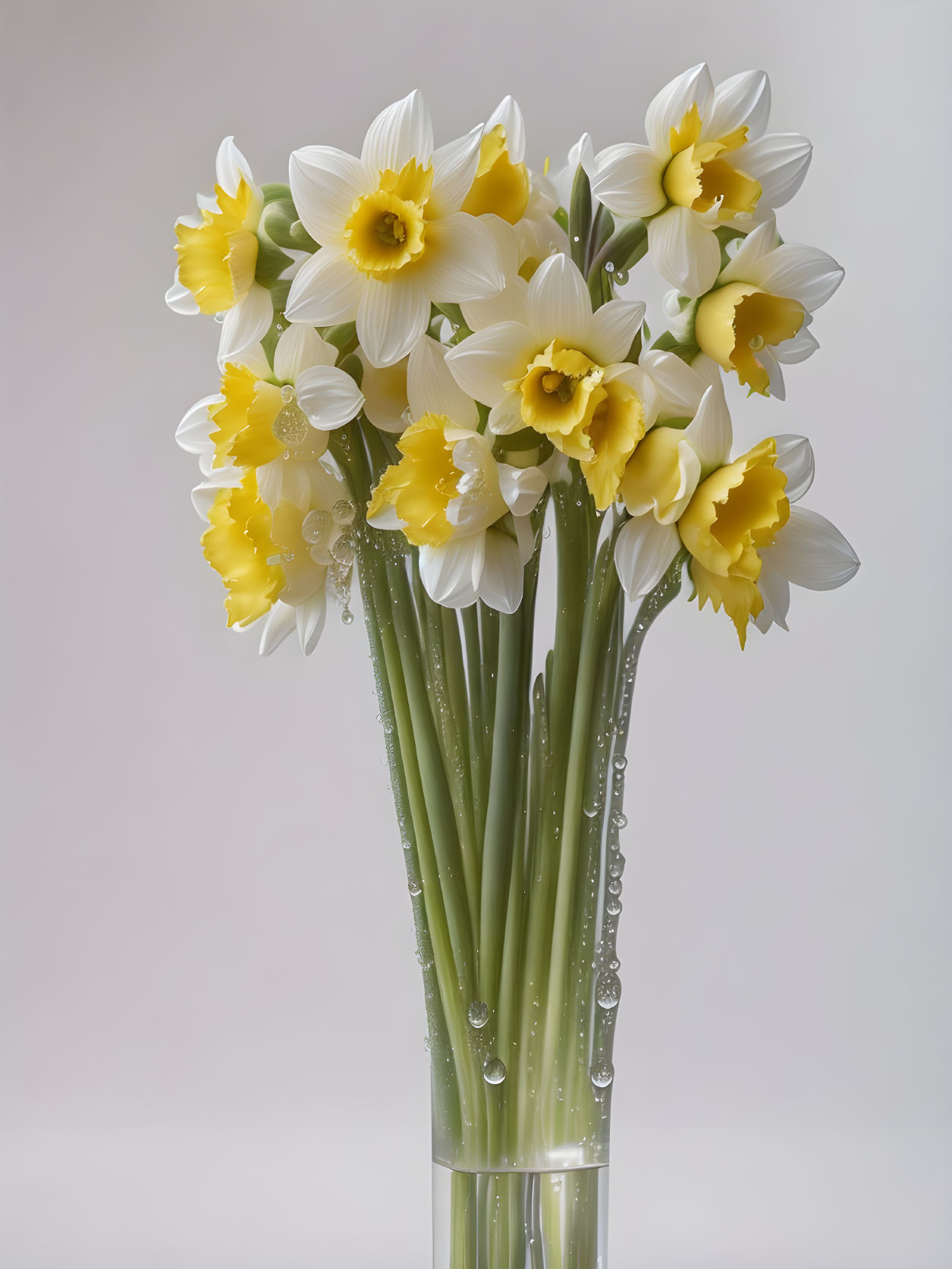 Fresh White and Yellow Daffodils in Glass Vase on Grey Background