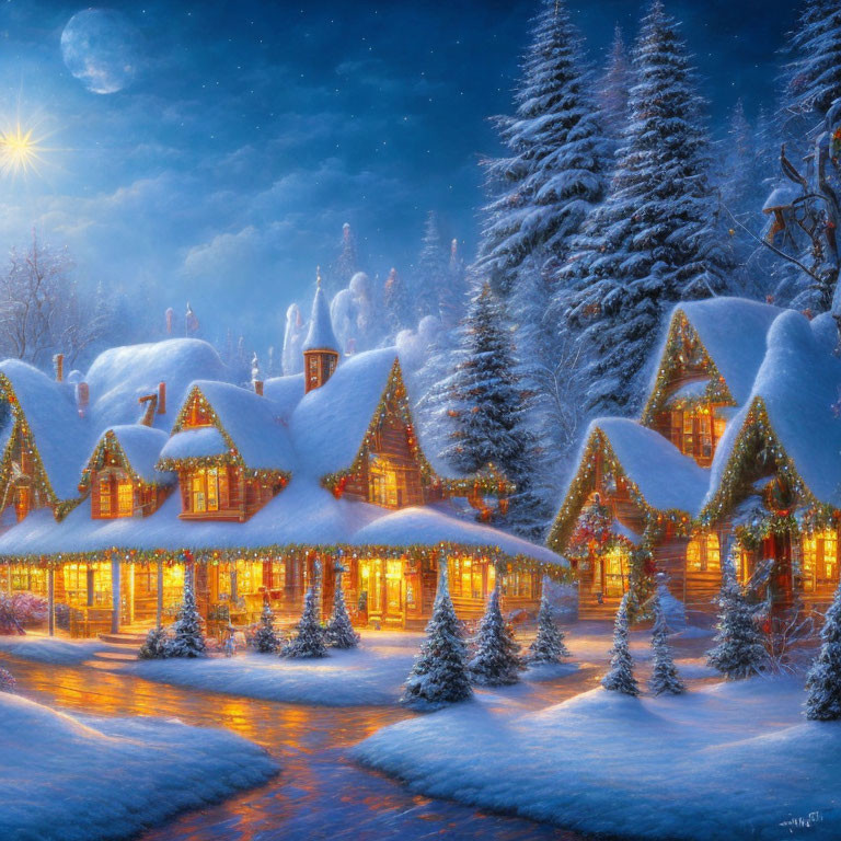 Winter village scene with illuminated houses and festive decorations at night