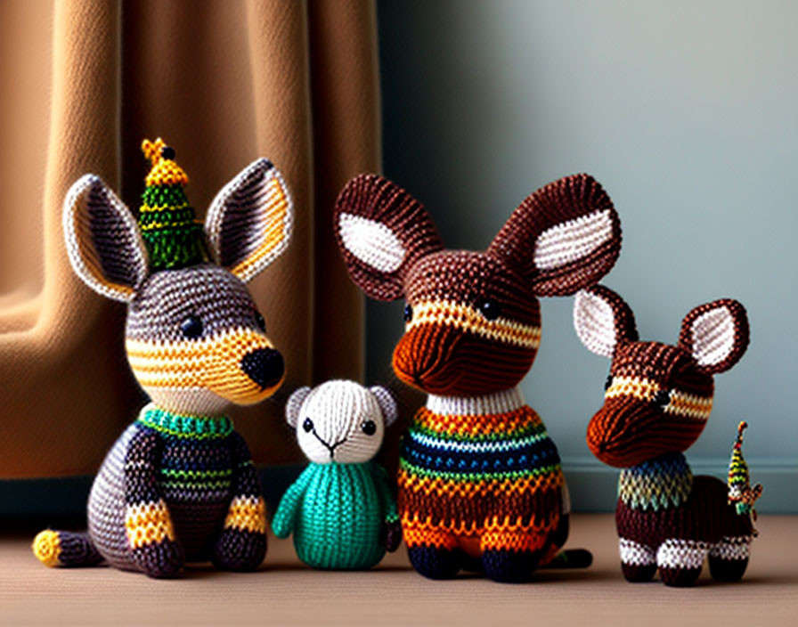 Vibrant knitted toy animals on display against curtain backdrop