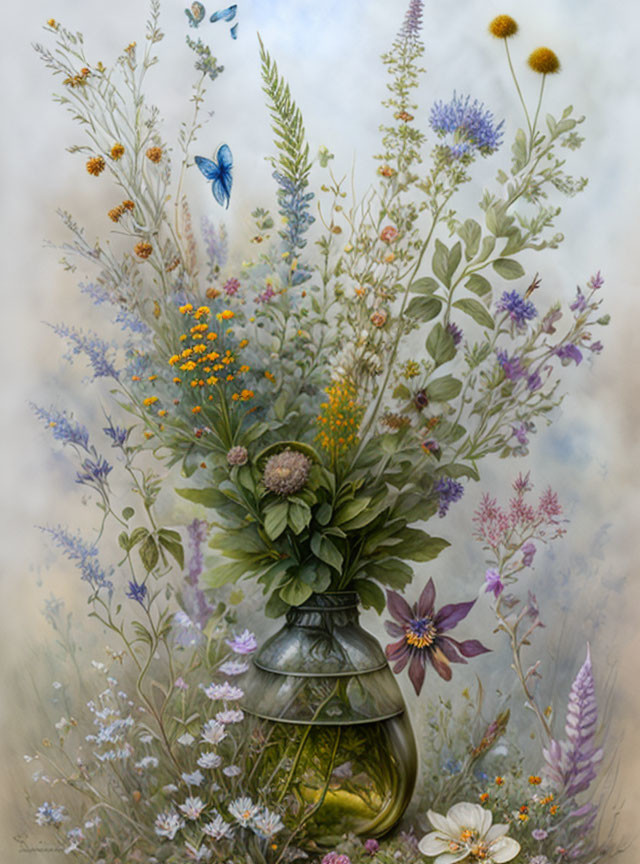 Colorful Wildflowers in Classic Vase with Butterflies on Dreamy Background