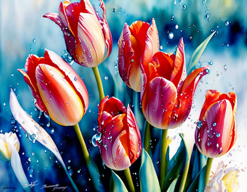 Vibrant Red and White Tulips with Water Droplets on Blurred Blue Background