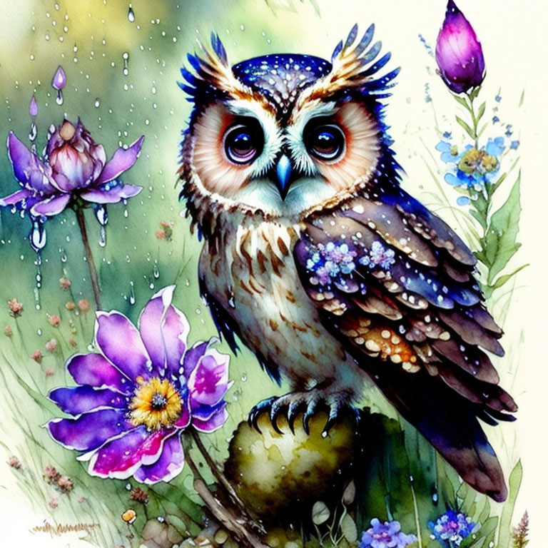 Whimsical owl in vibrant floral scene with rain droplets