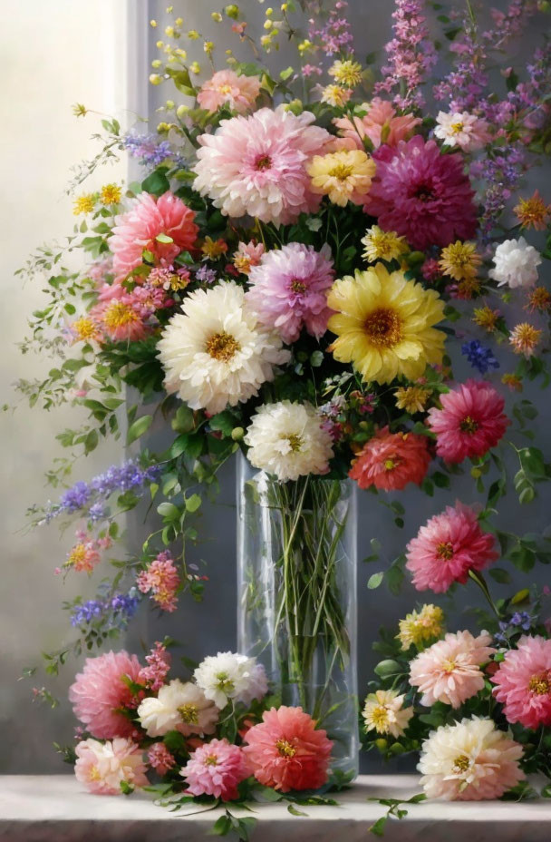 Assorted Pink, Yellow, and Purple Flowers in Clear Vase