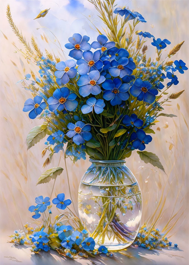 Vibrant blue flowers in glass vase on beige background