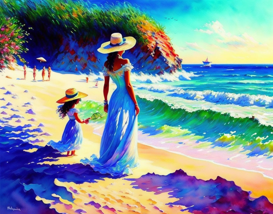 Colorful painting: woman and girl in blue dresses at sunny beach