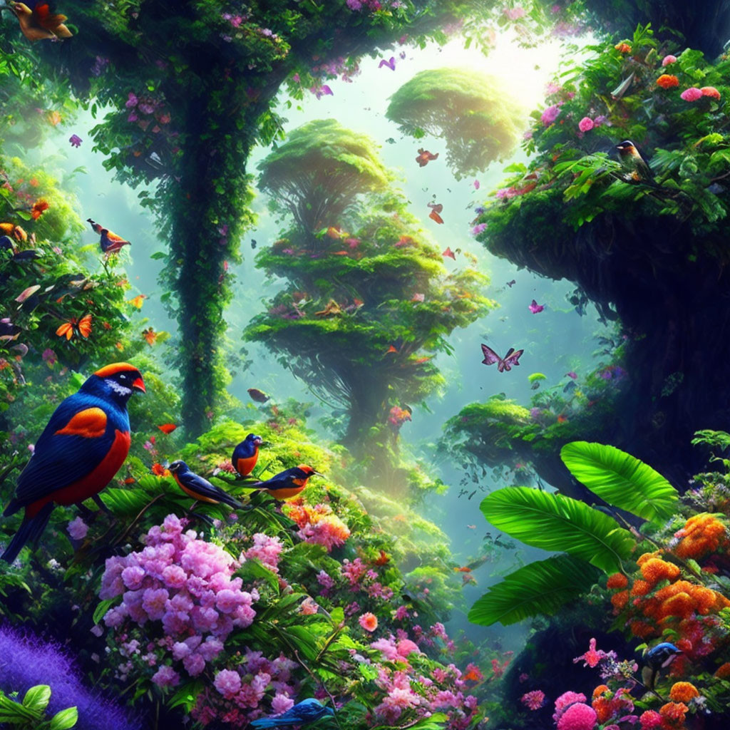 Colorful Birds and Verdant Foliage in Mystical Jungle