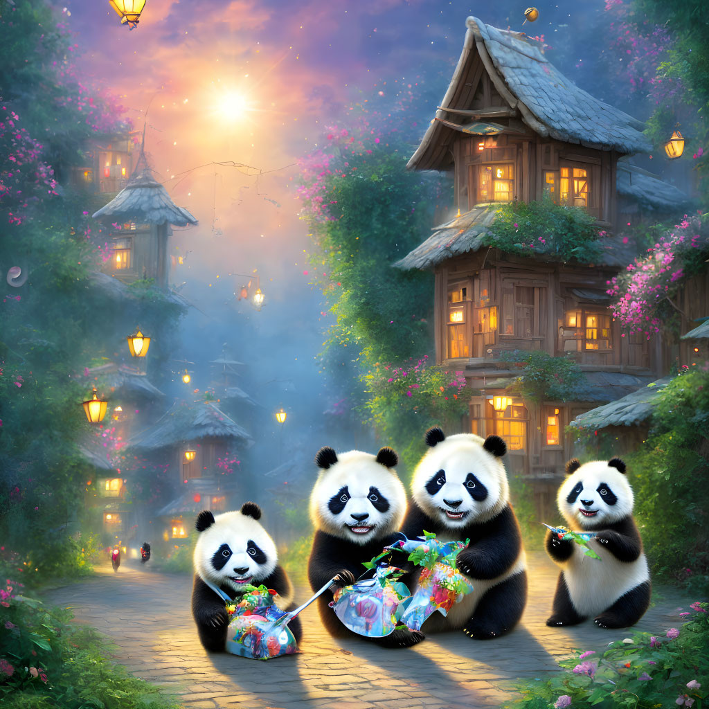 Four pandas with colorful gifts in a quaint village at twilight