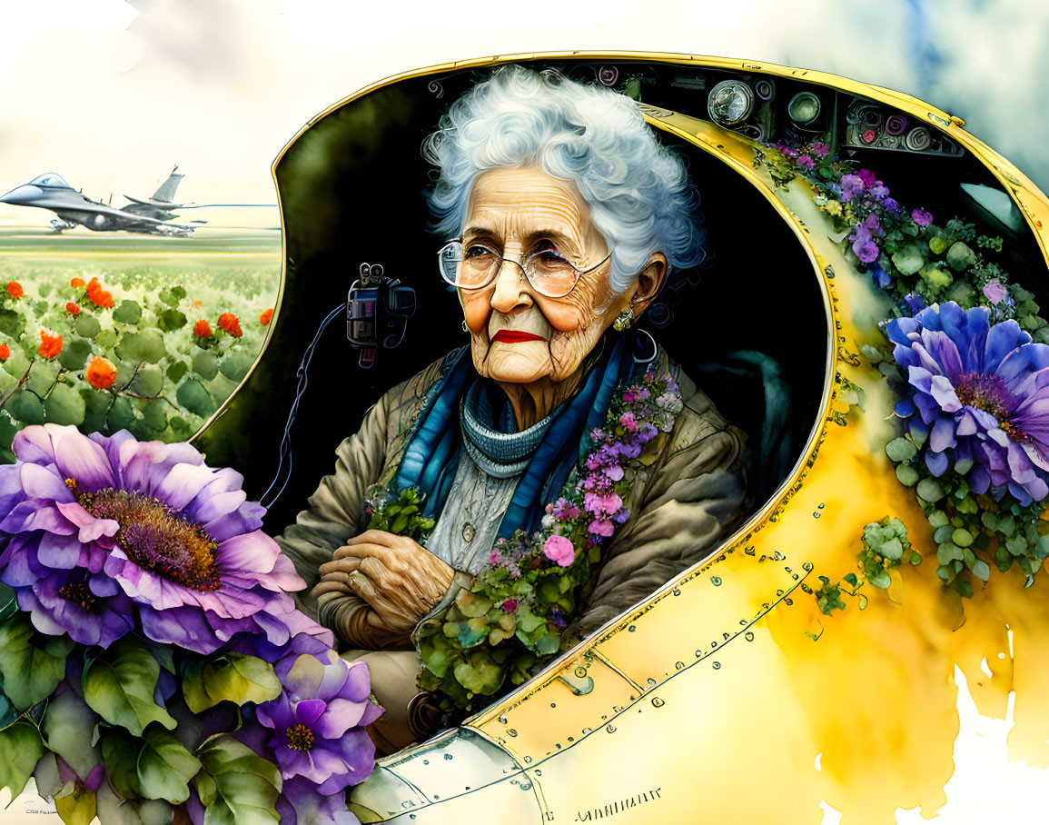 Elderly woman with glasses near aircraft window and fighter jet