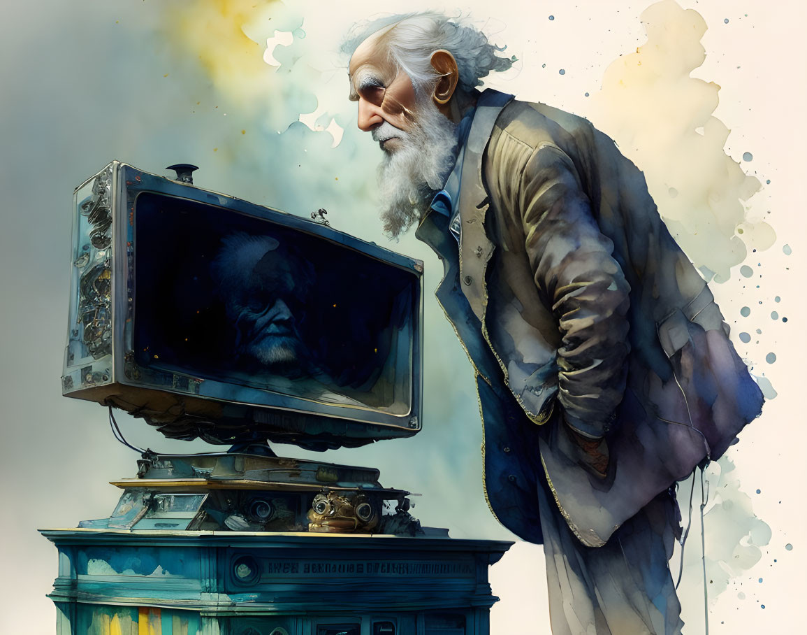 Elderly man with white beard head replaced by old TV on ornate pedestal