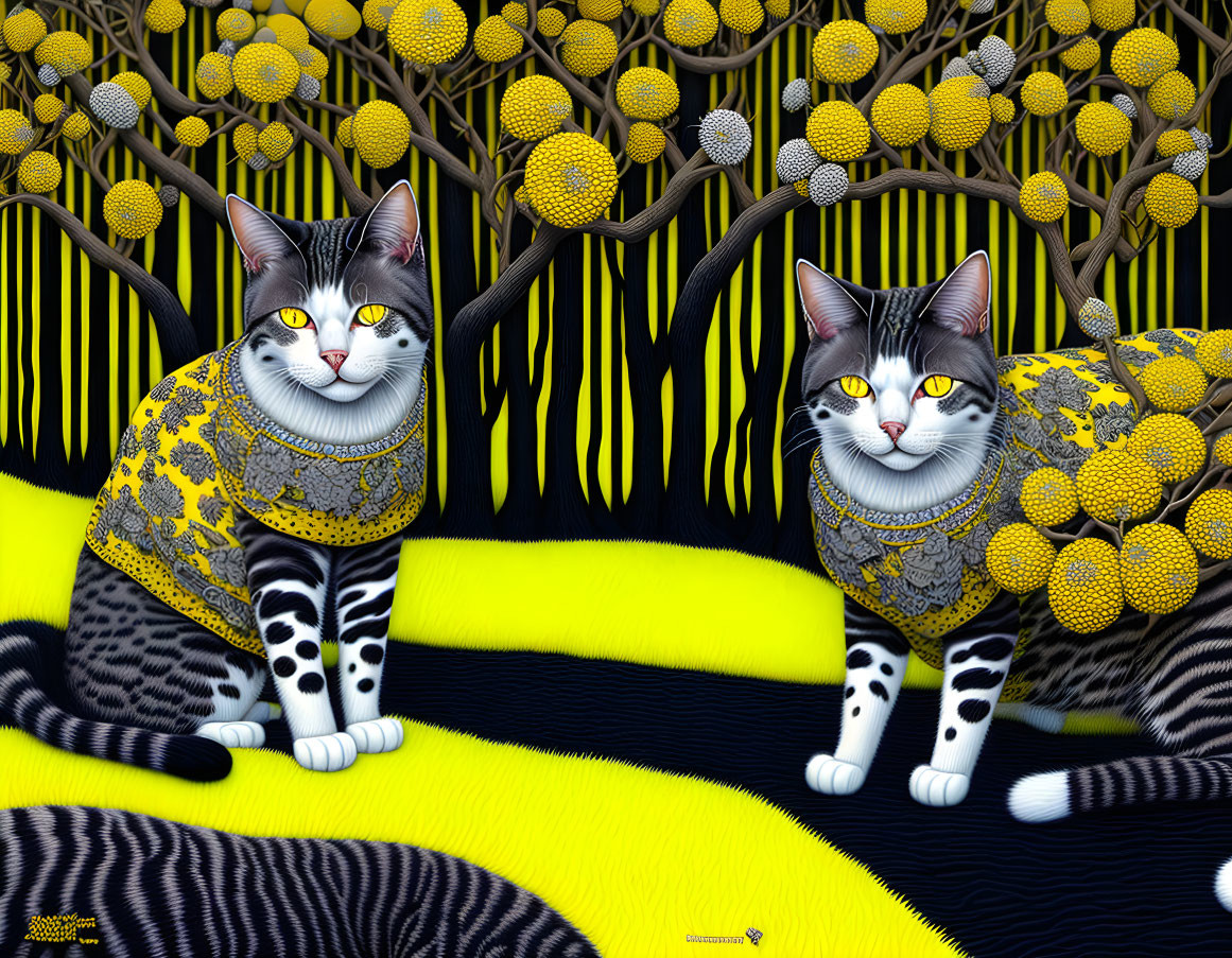 Patterned fur cats in yellow and black themed setting with ball elements and wavy lines