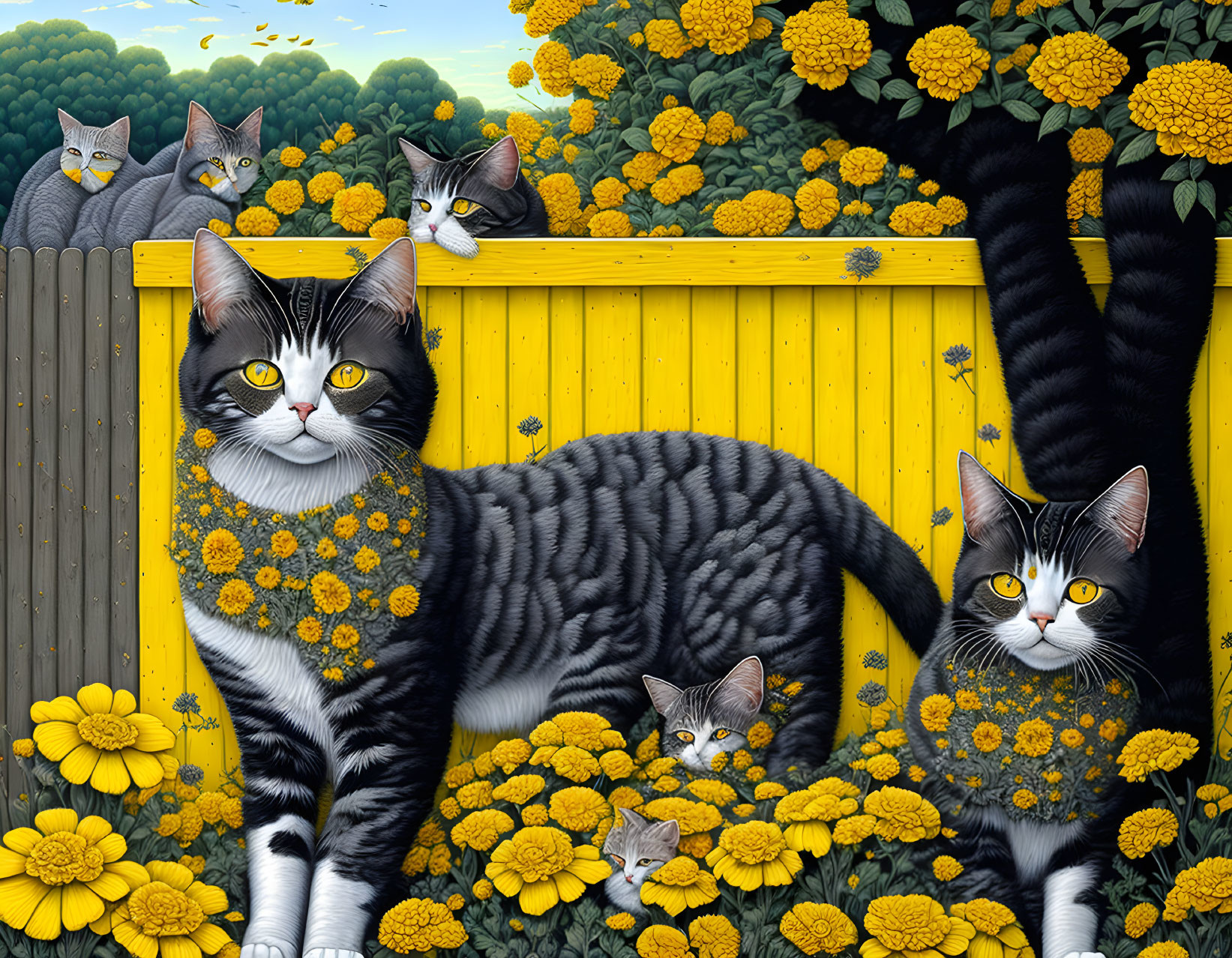 Five striped cats with floral bibs in vibrant marigold flower scene