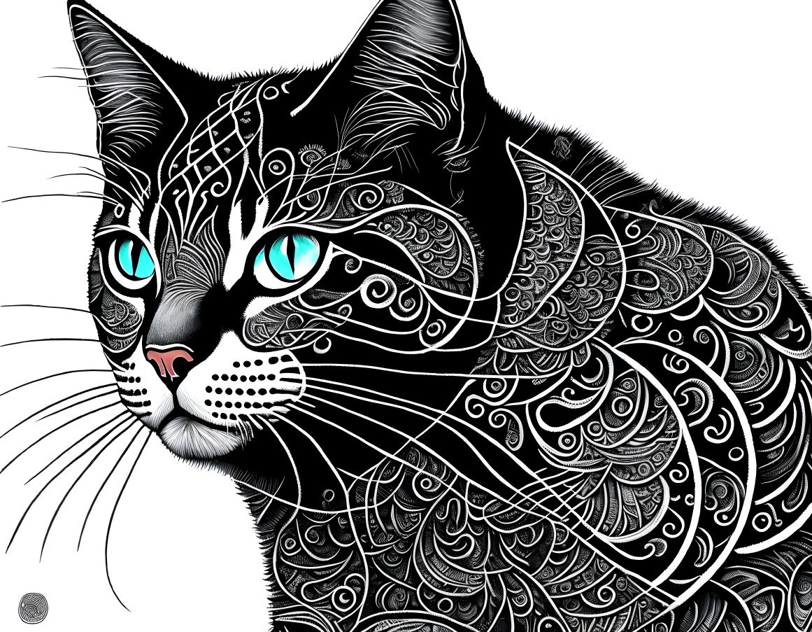 Monochrome cat illustration with detailed fur pattern and turquoise eyes