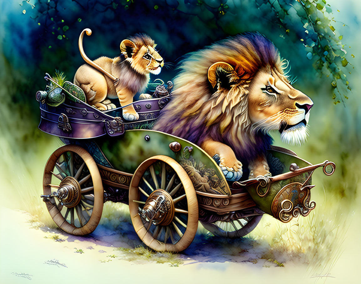 Majestic lion and cub in fantasy chariot in magical forest