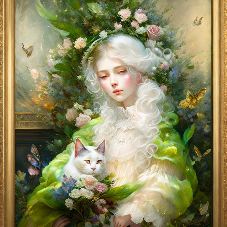 Portrait of fair-skinned woman with floral wreath, white cat, butterflies, and greenery.