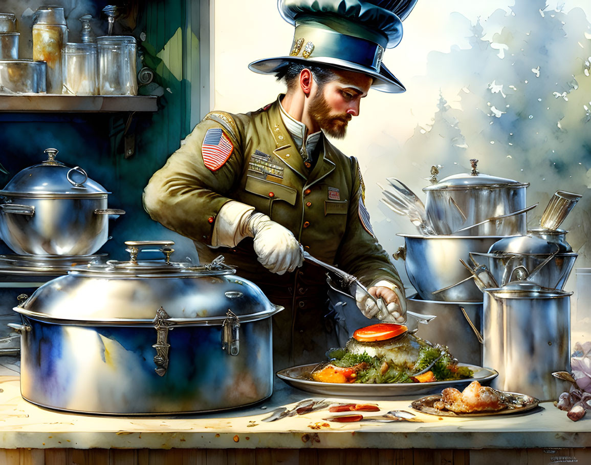 Military Chef in Uniform Garnishing Dish Amongst Kitchenware and Steam