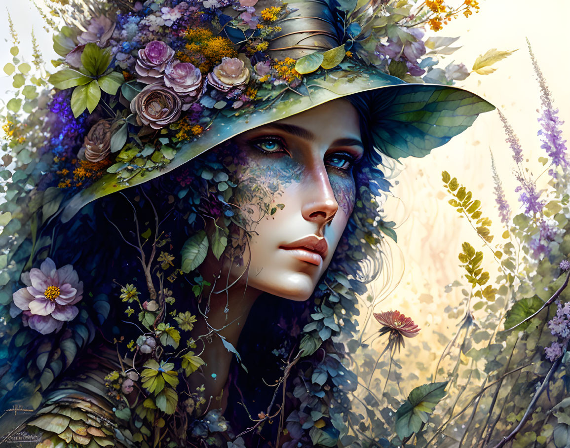 Portrait of Woman with Floral Hat: Mystical and Natural Essence