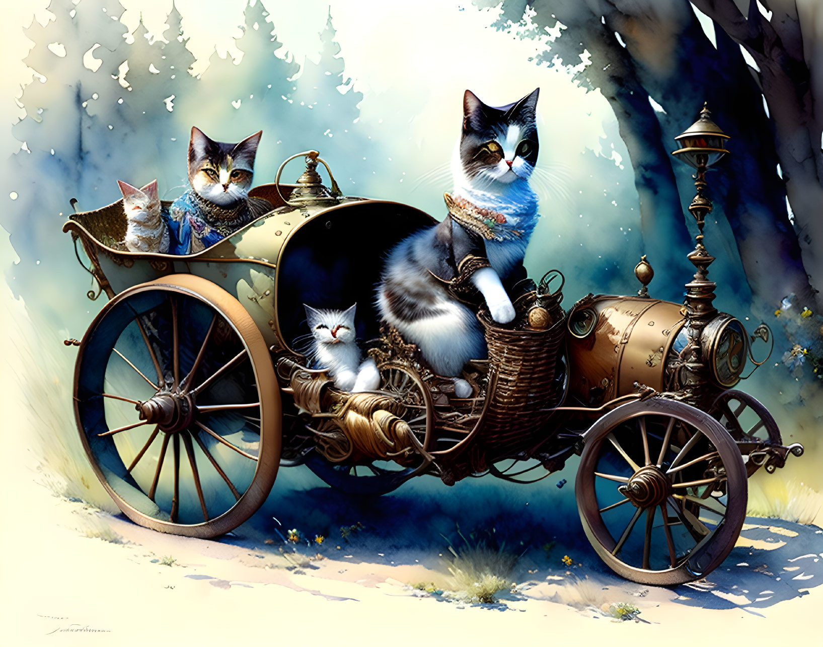 Whimsical steampunk-style carriage with cats in snowy forest