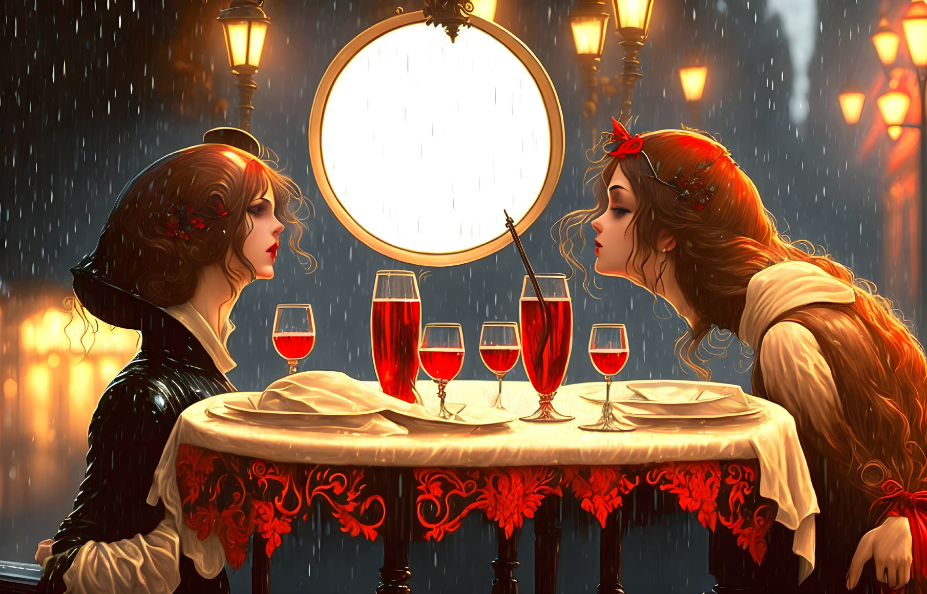 Two women enjoying red wine at outdoor table in rain and streetlight glow.