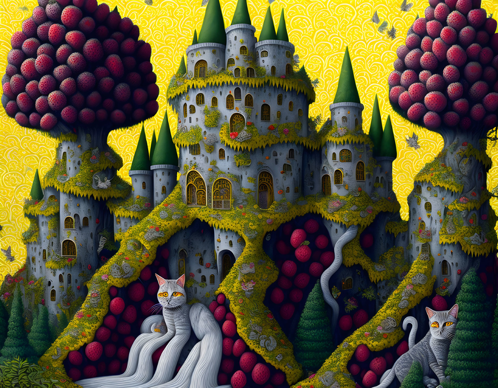 Fantastical forest illustration with castles, bearded cats, patterned trees, and red berries