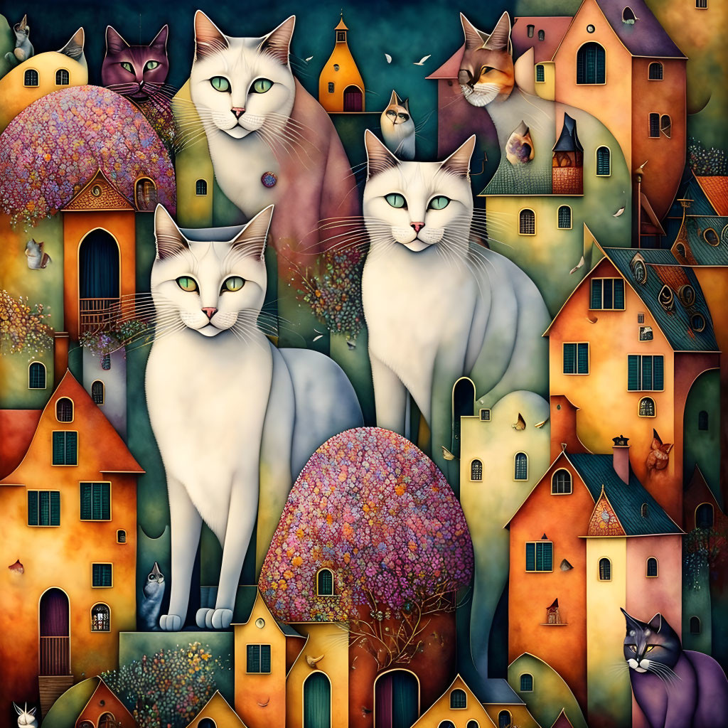 Whimsical painting of colorful cats in vibrant landscape