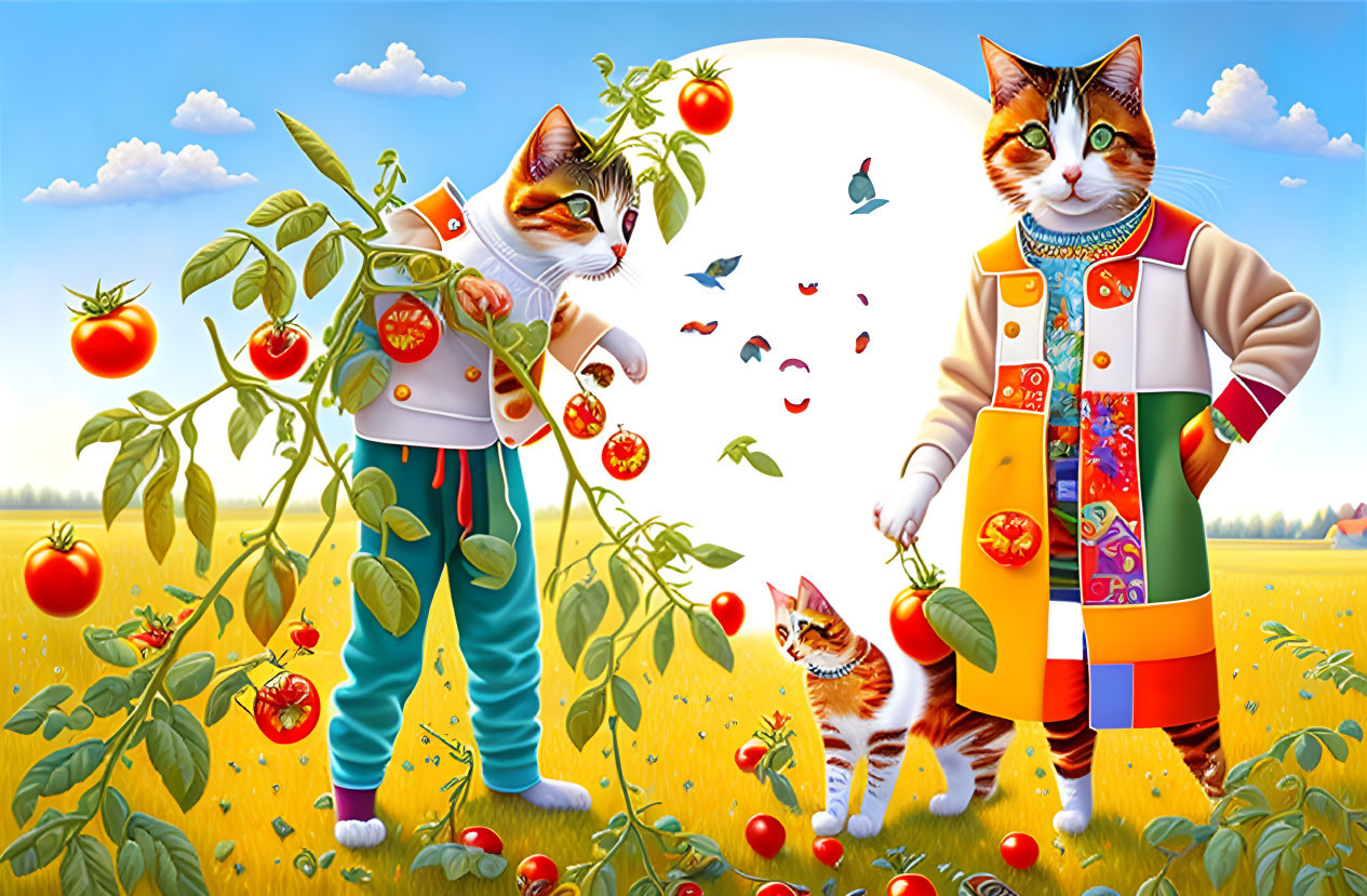 Colorful anthropomorphic cats caring for a tomato plant under a bright blue sky.