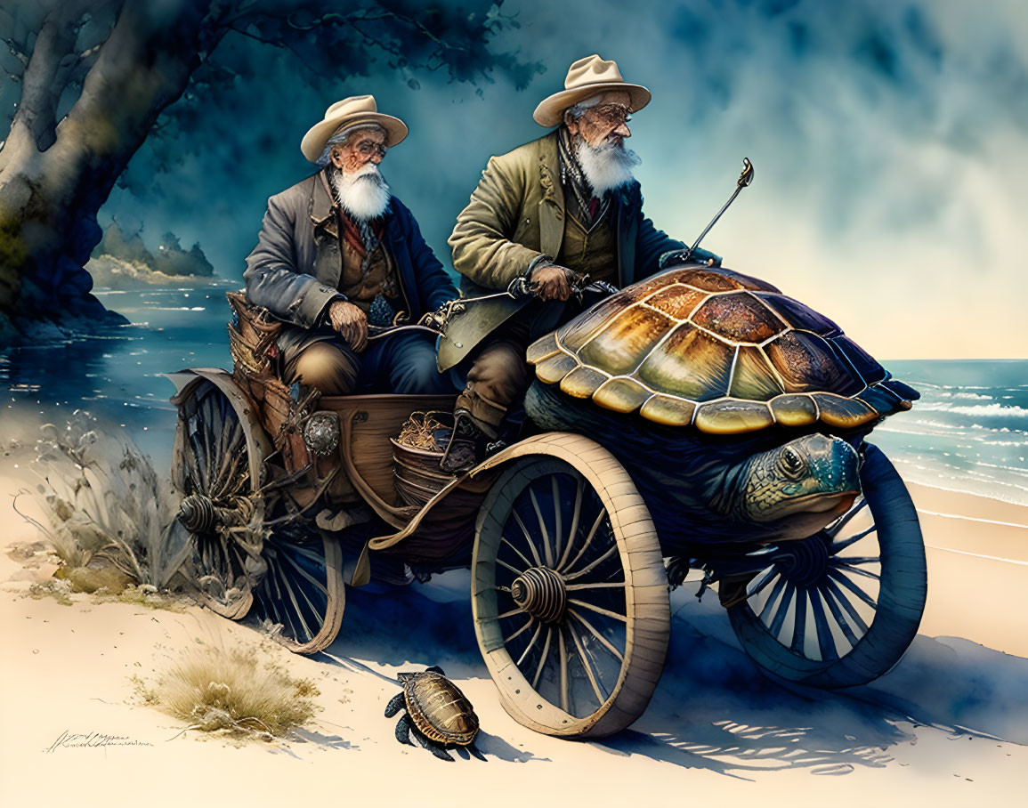 Vintage-clad men ride turtle-drawn carriage on beach