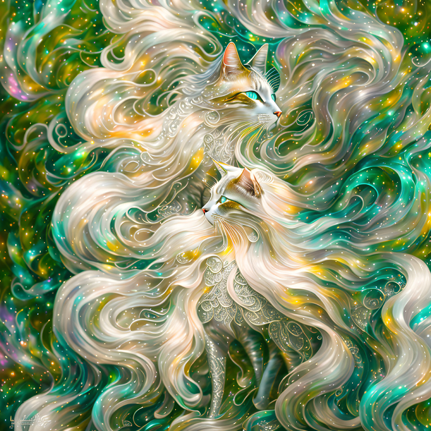 Ethereal cats in swirling cosmic background with intricate patterns