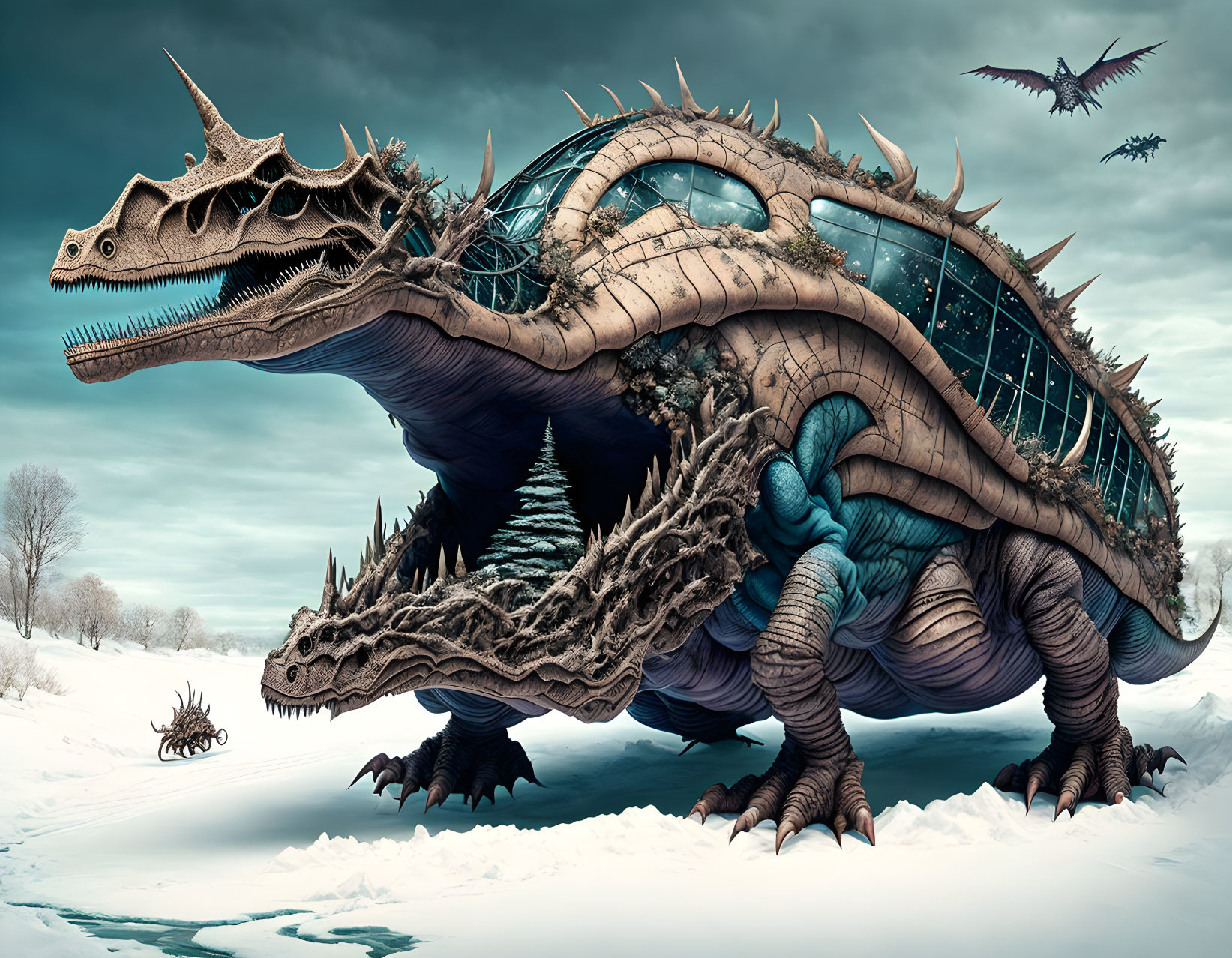 Detailed digital artwork: Armored dragon in snowy landscape with flying companion