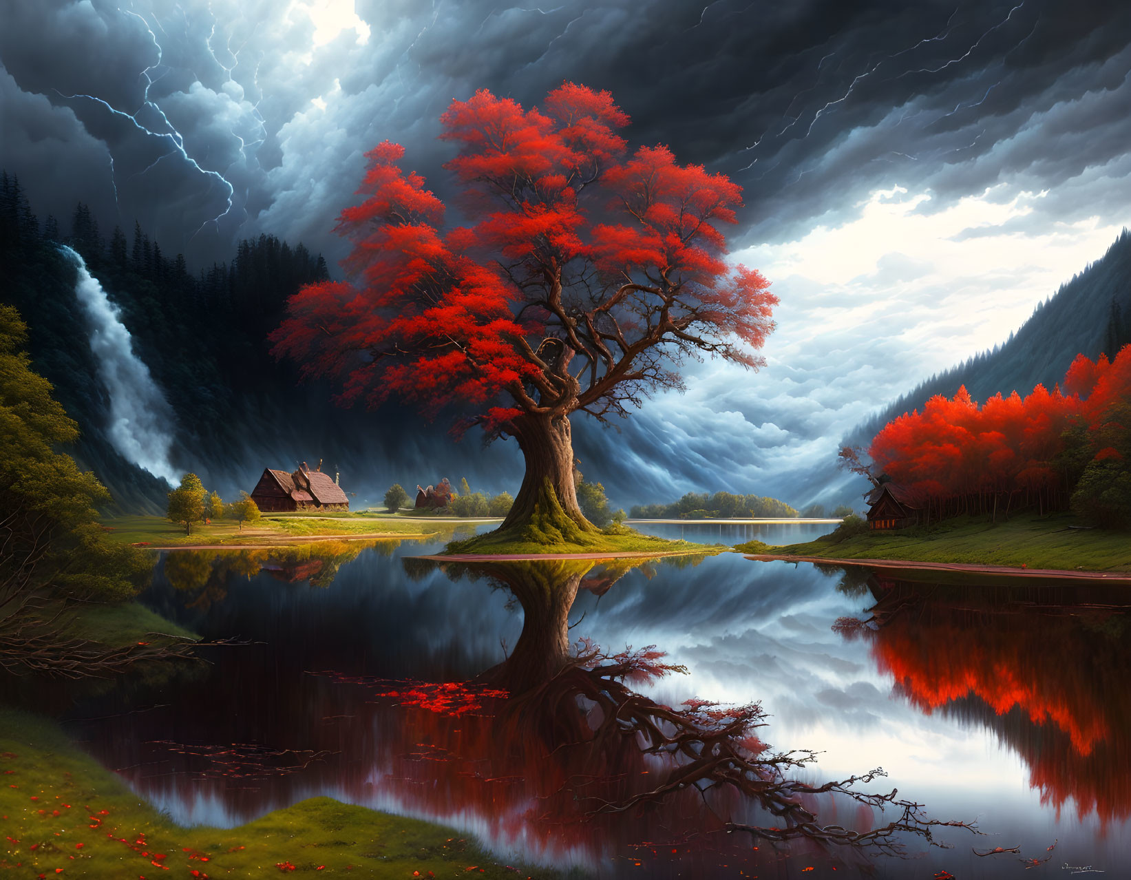 Vivid Red Tree by Tranquil Lake with Stormy Sky and Cozy Cabin