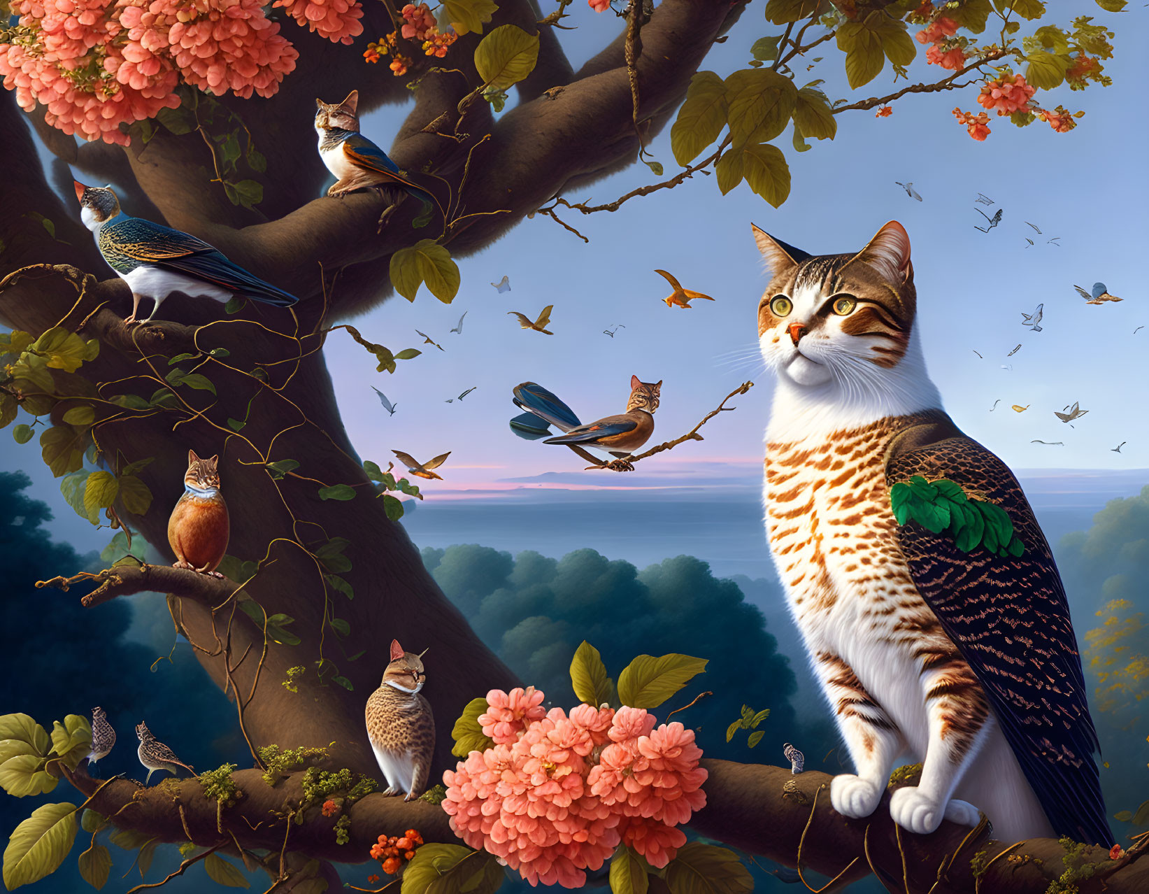 Surreal image of cat with feathered wings on tree branch among birds