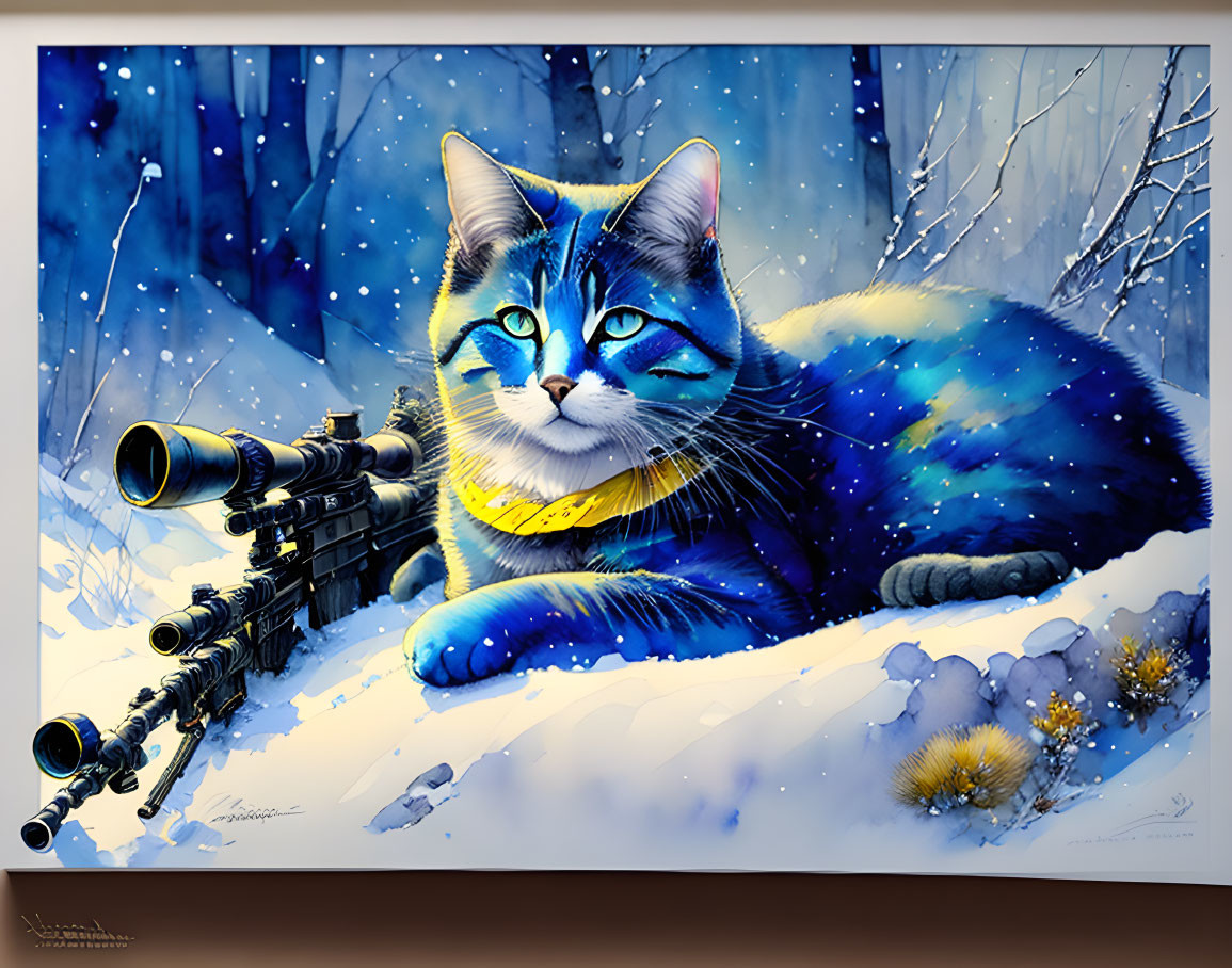 Colorful cosmic-patterned cat with blue eyes and sniper rifle in snowy scene