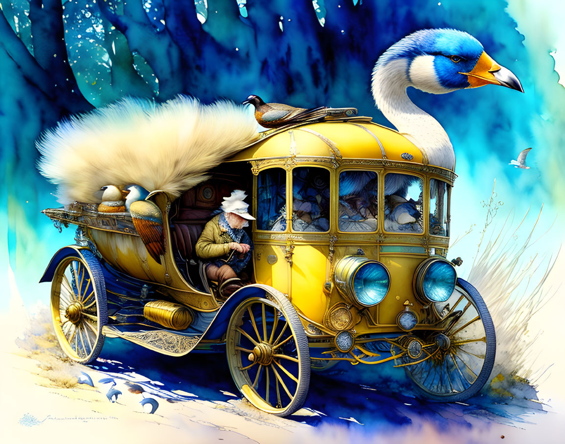 Whimsical vintage vehicle styled as a bird in surreal landscape