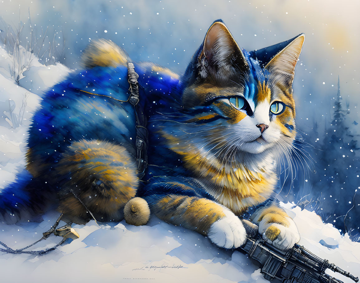 Blue and Orange Fur Cat Artwork in Snowy Scene