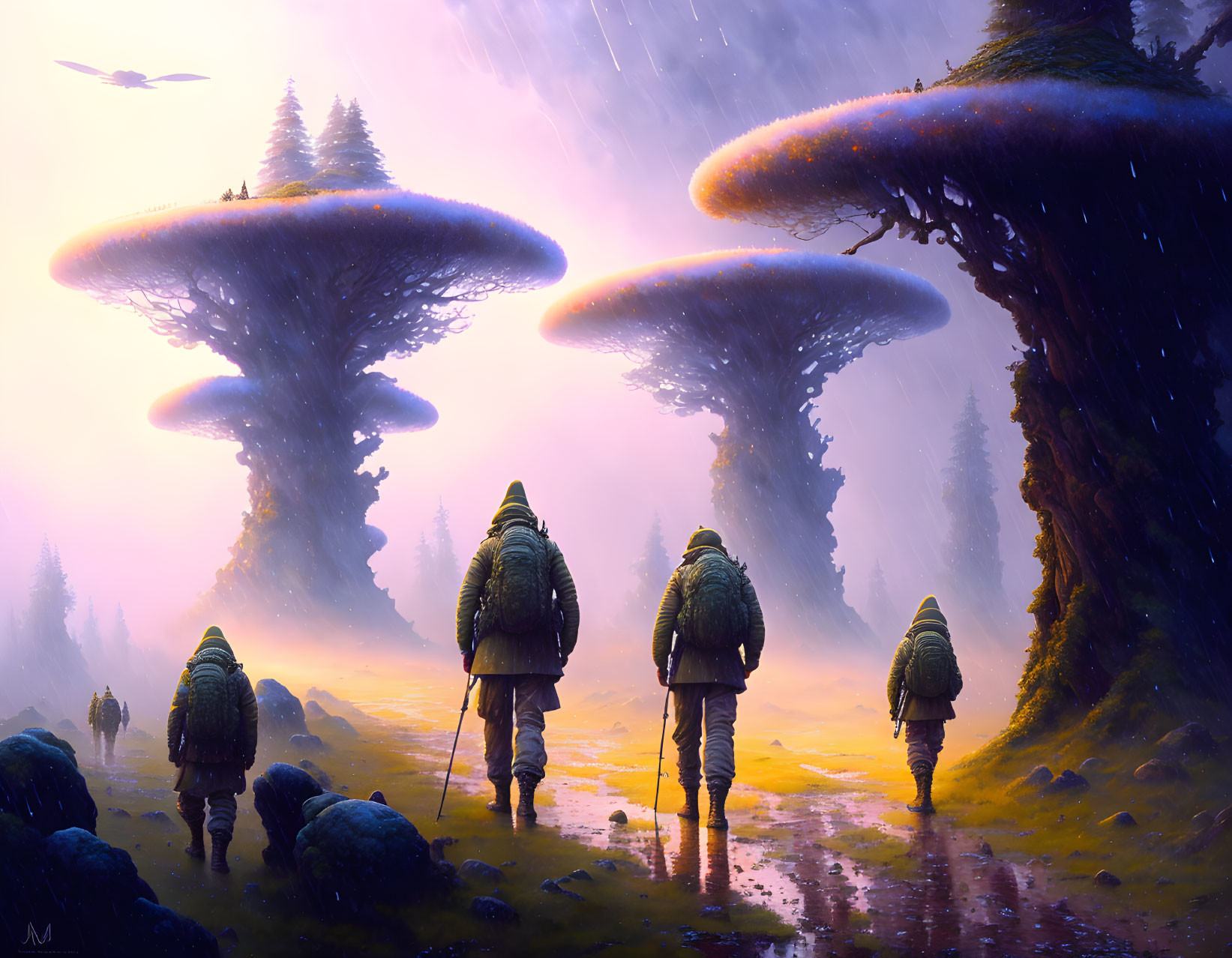 Travelers with backpacks near giant mushroom trees under purple sky.