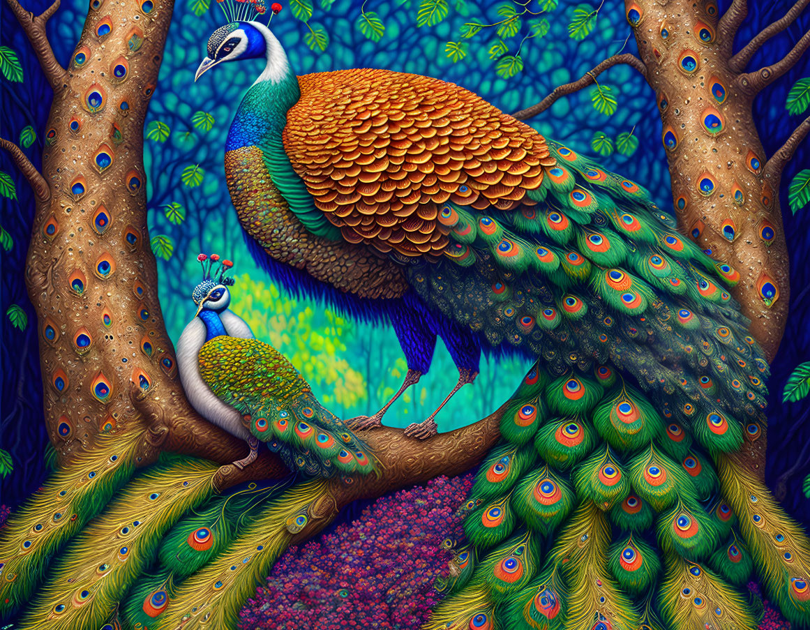 Colorful Peacocks in Enchanted Forest Scene