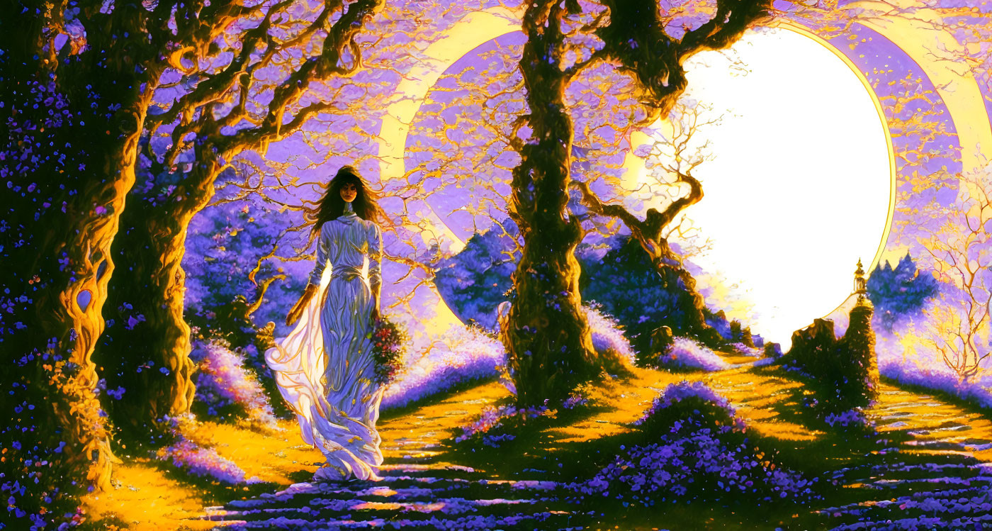 Woman in white dress in vibrant fantasy forest with moon and shrine