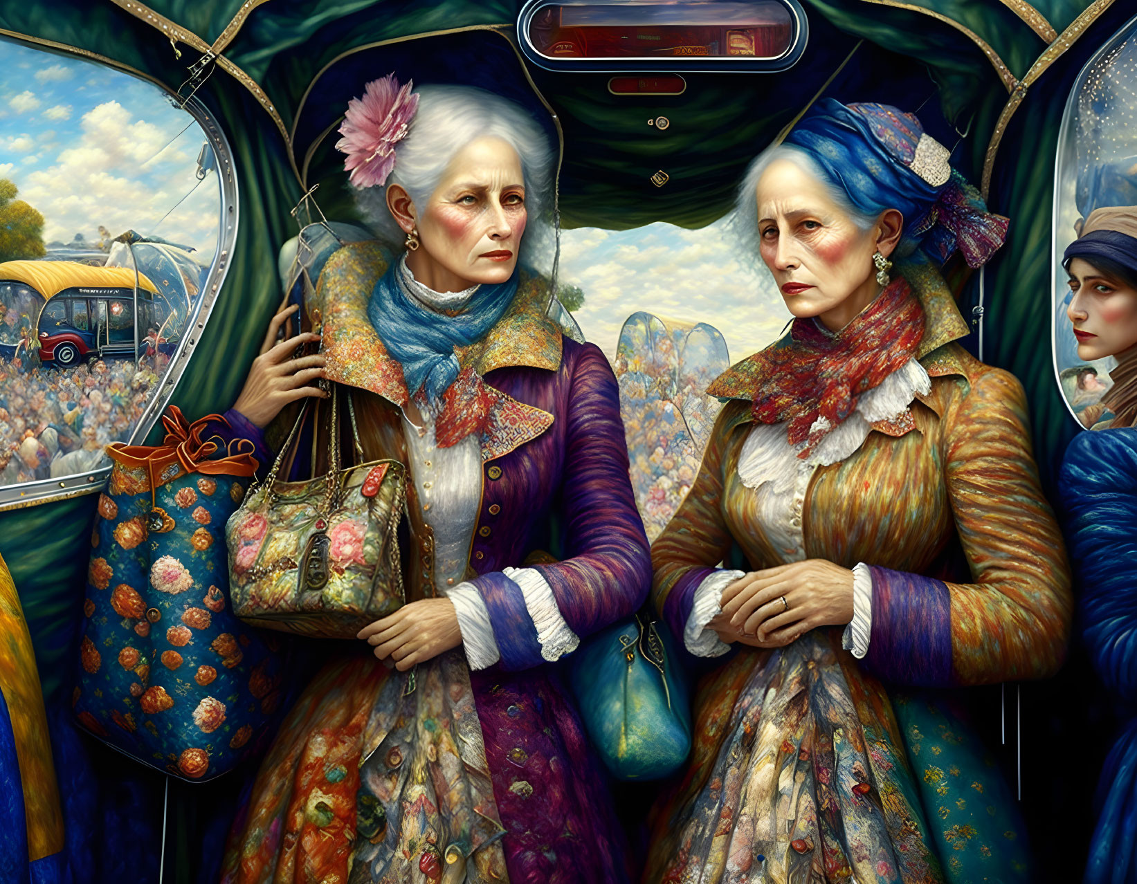 Surrealistic portrait of two elderly women in fantastical vehicle with market scene.