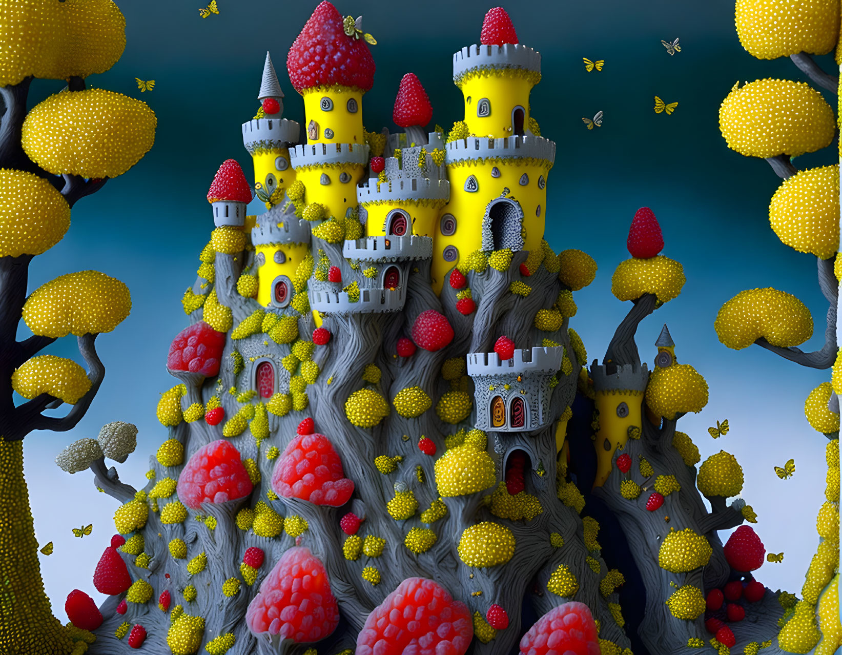 Fantasy digital art: Castle in tree-like structures with strawberries and bees