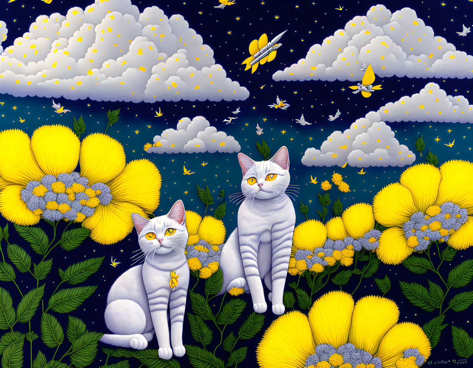 Stylized gray cats with yellow flowers on vibrant blue background