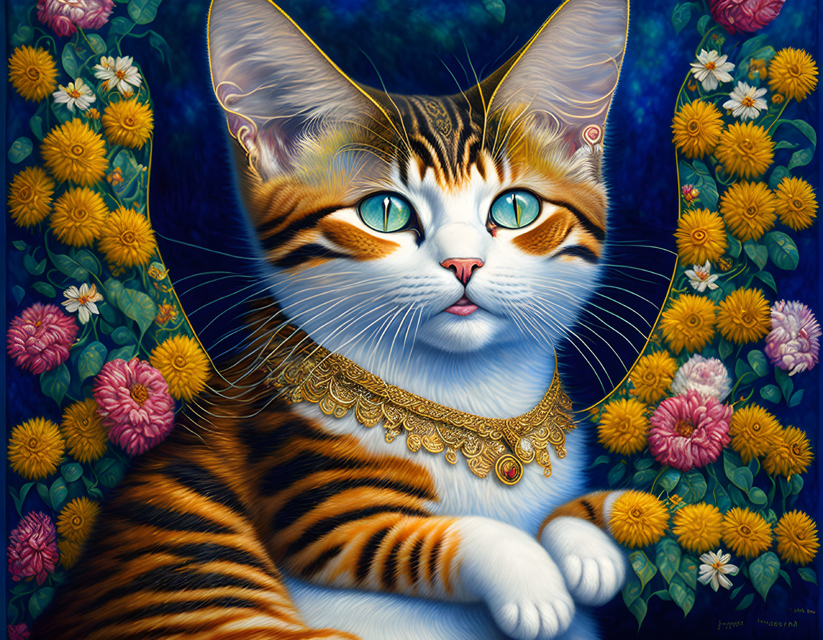 Colorful Cat Artwork with Green-Eyed Feline and Floral Background