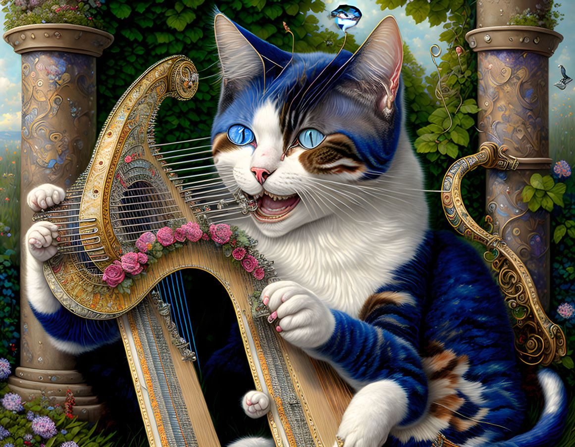 Illustration of blue-eyed cat playing harp in flower-filled garden