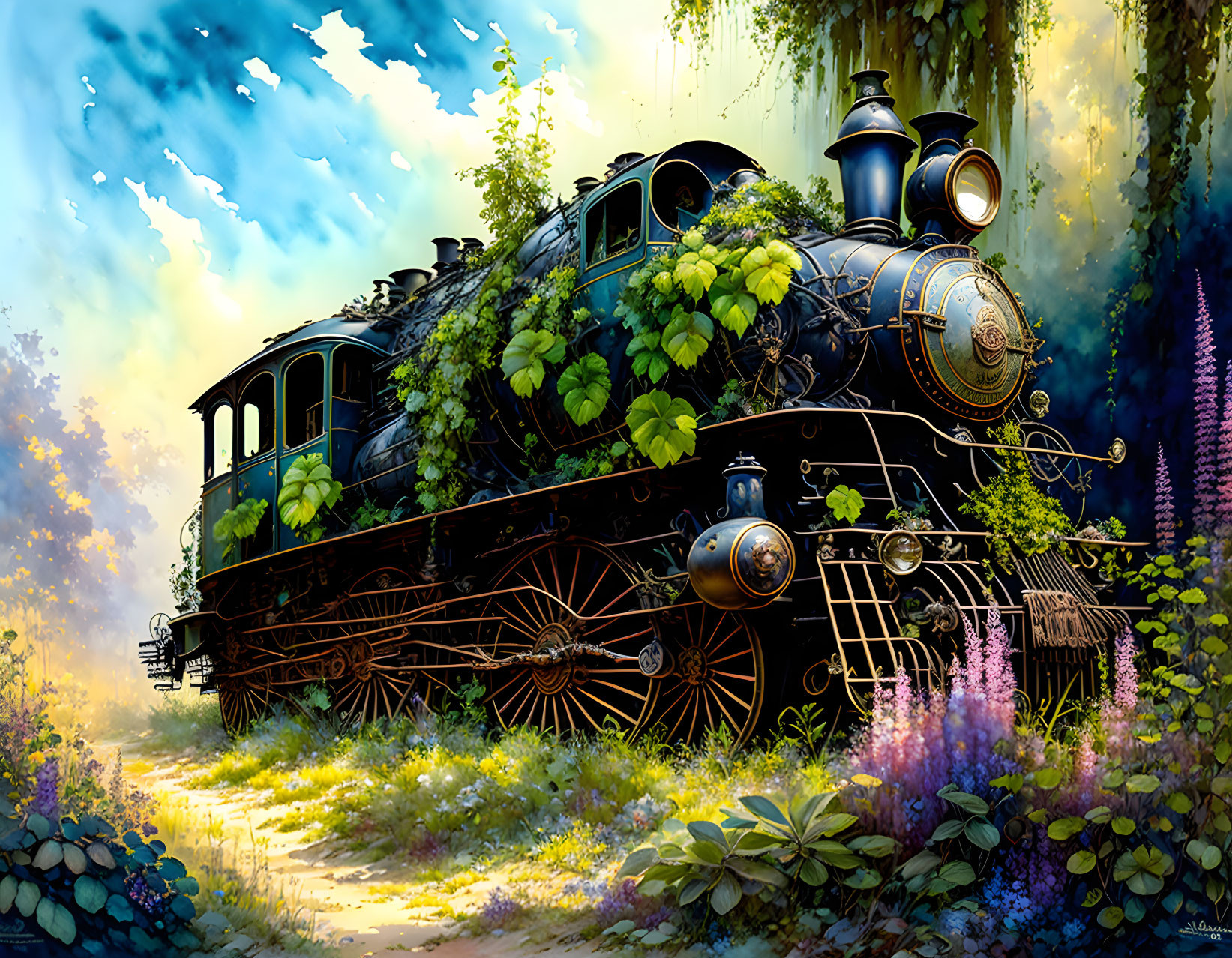 Vintage steam locomotive covered in green vines and flowers on forest track