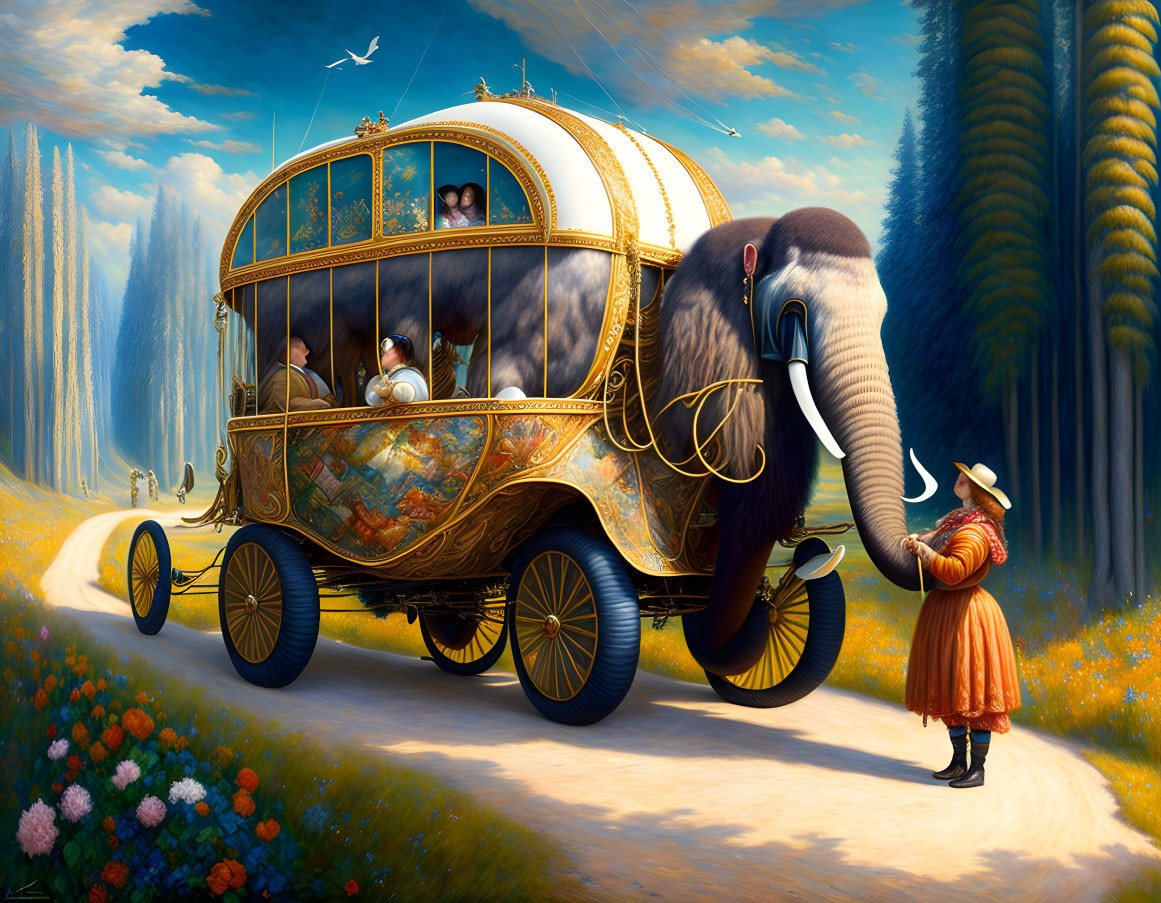 Vintage bus pulled by elephant in fantastical forest with passengers and guide.