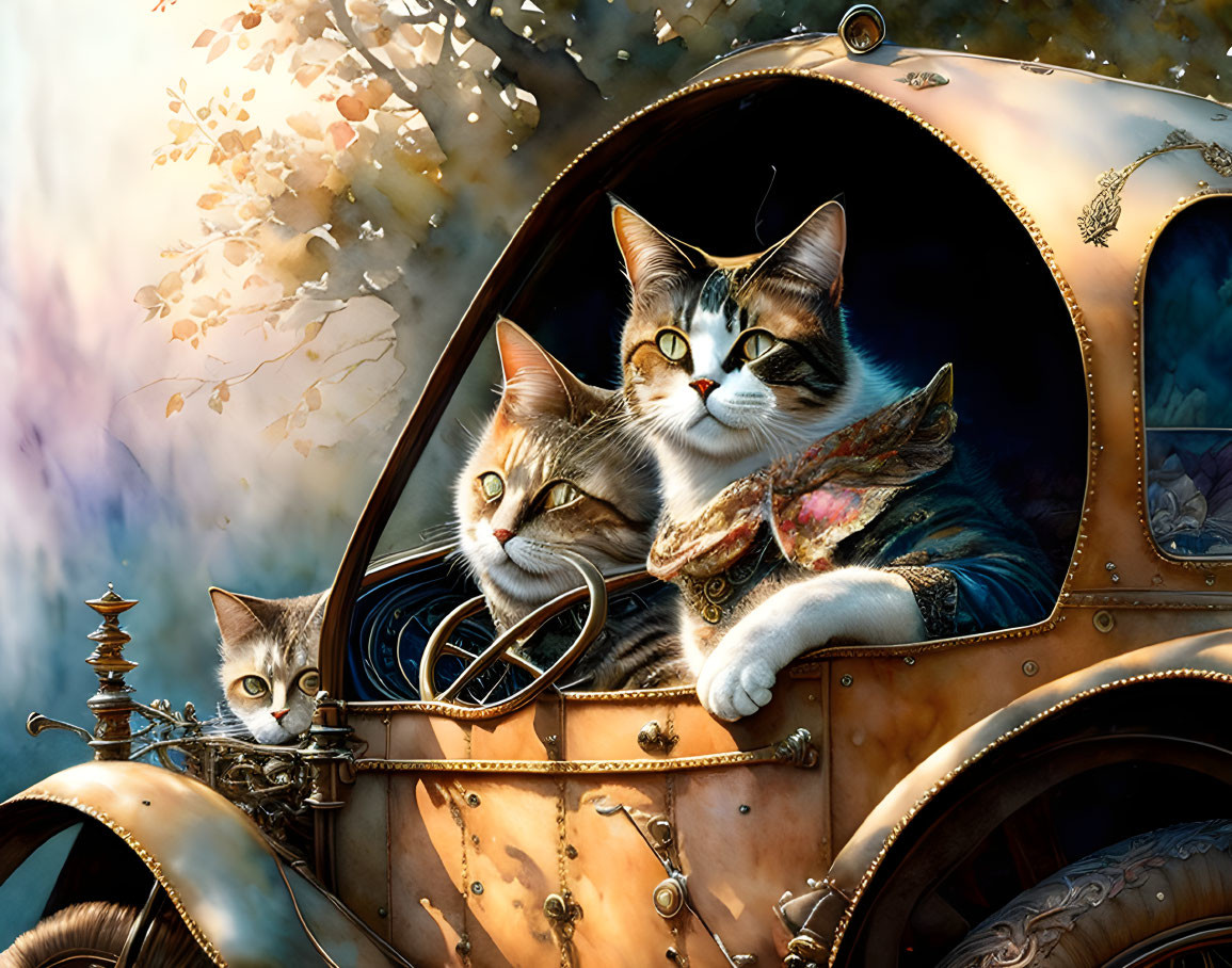 Whimsical cats in steampunk-style vehicle with intricate details