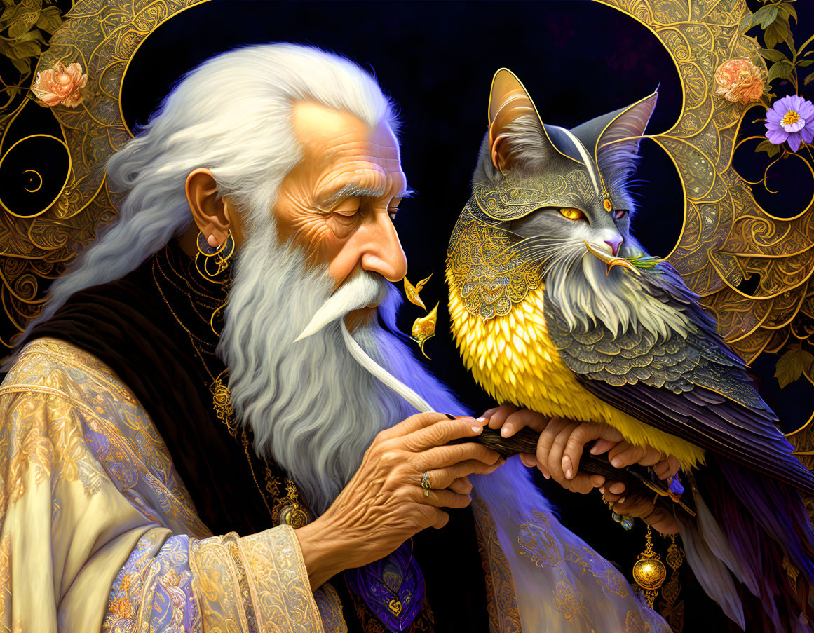 Elderly man in ornate attire cradles mythical bird-cat creature