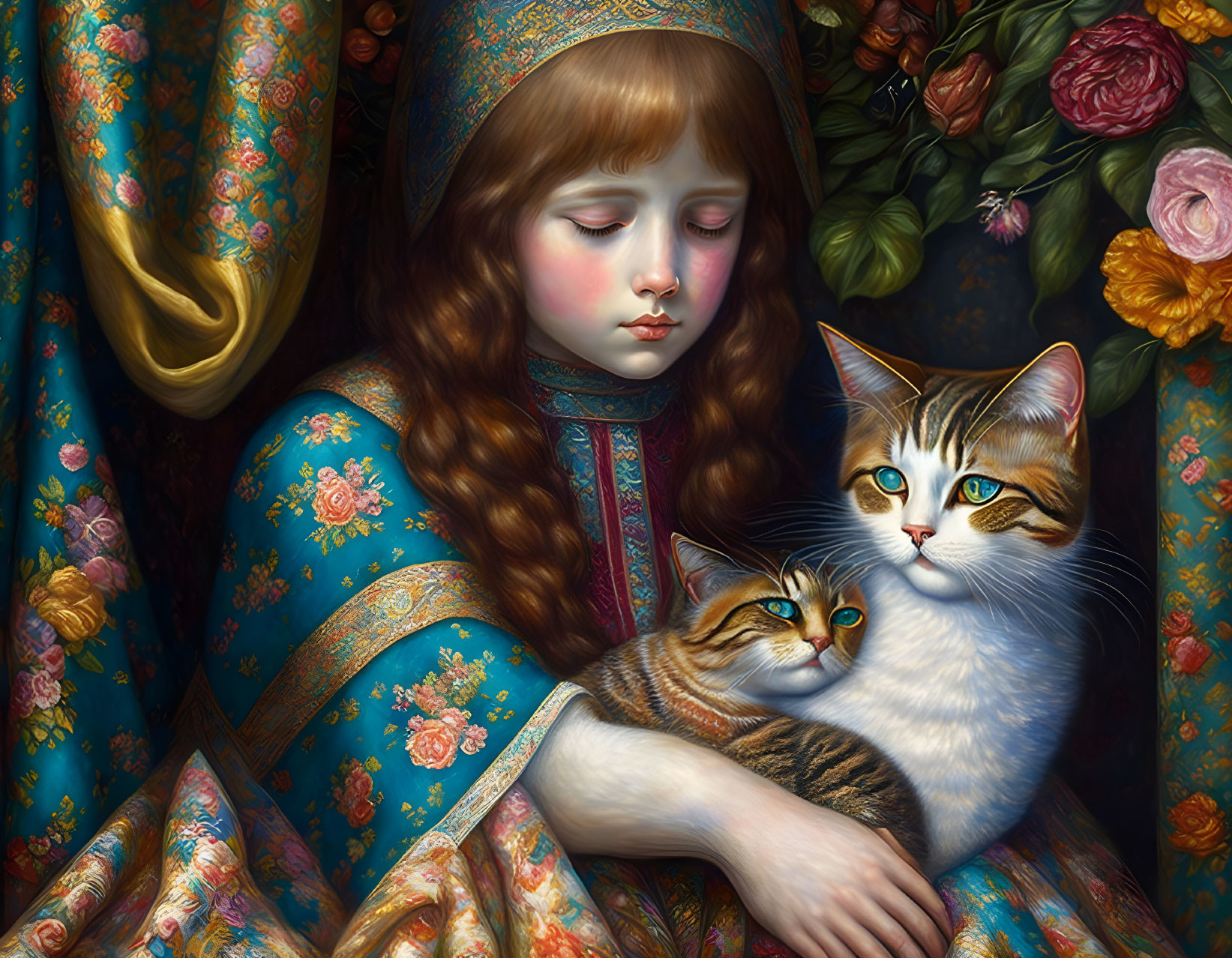 Auburn-Haired Girl in Blue Dress Embracing Tabby Cats