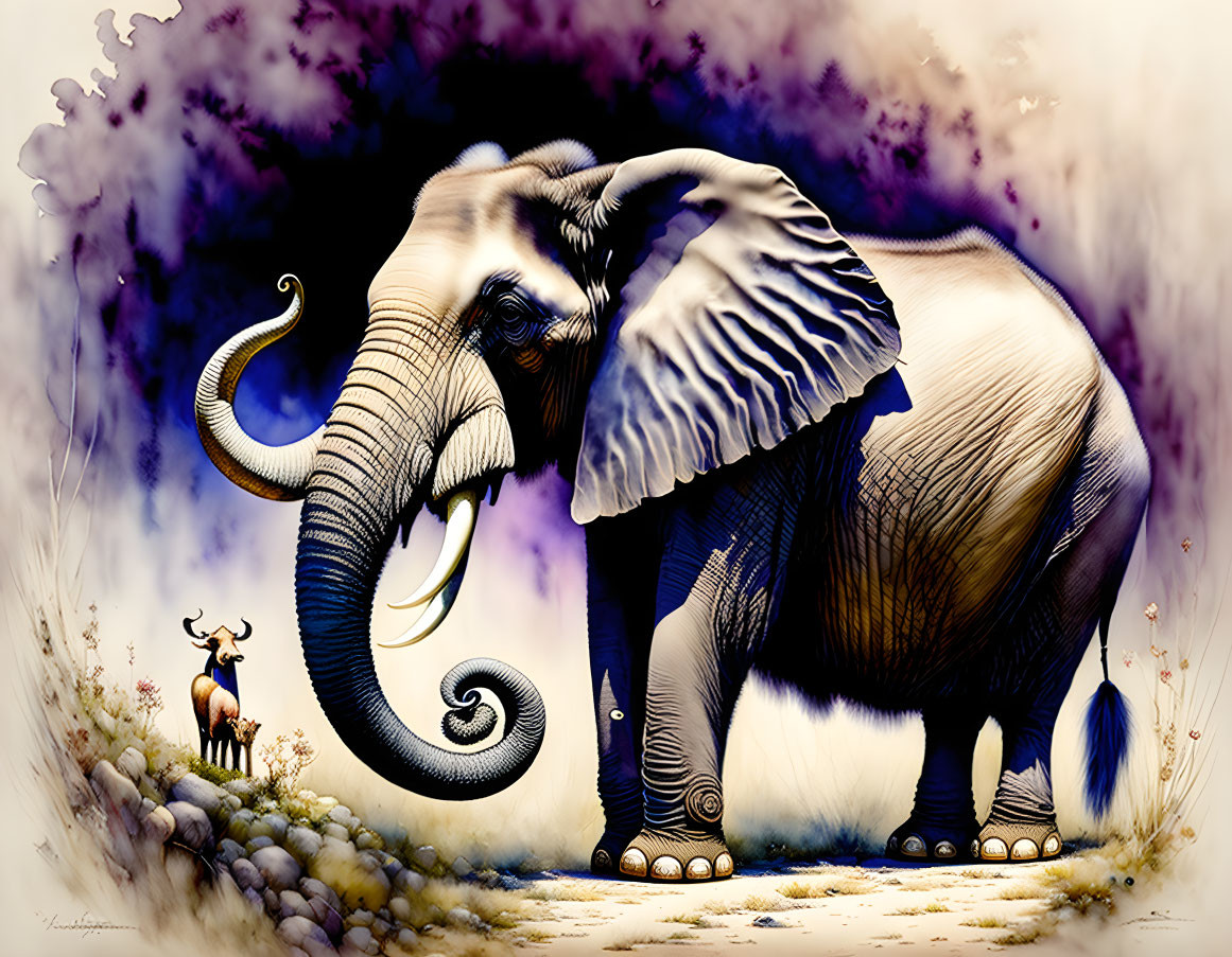 Colorful Fantastical Elephant and Antelope Illustration in Dreamy Purple Background